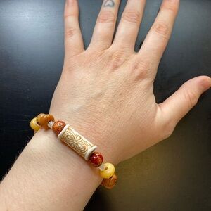 Handmade Ceramic and Agate Beaded Bracelet in Cream and Amber